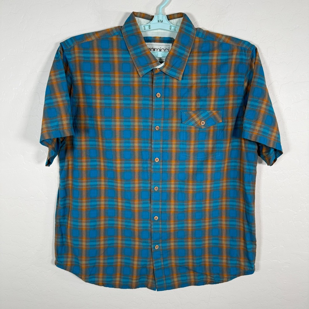 Gramicci Shirt Mens 2XL Blue‎ Brown Button Up Short Sleeve Outdoor Hike Plaid
